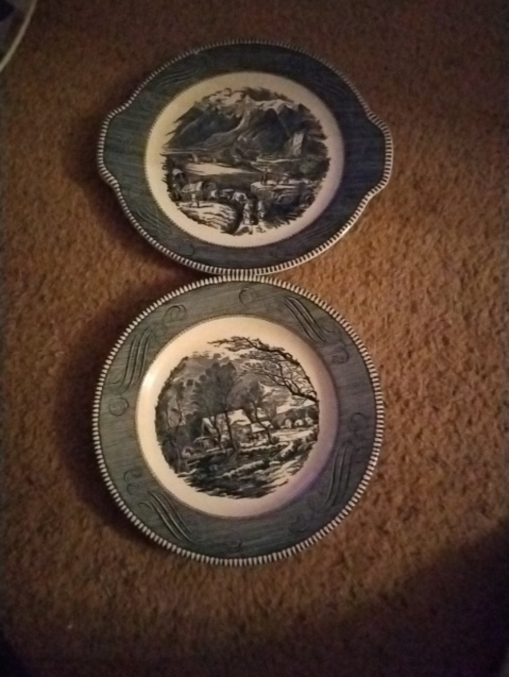 Currier And Ives Blue Scenic Transferware Decorative Dinner Plates - Set of 2